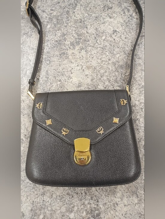 MCM Handbags - MCM Black Leather Crossbody with Gold Logo Studs